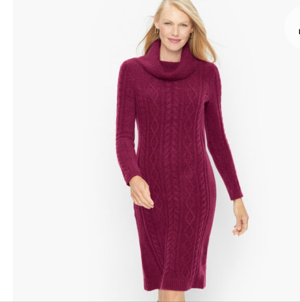 Talbots Cable-knit Cowlneck Shift Sweater Dress - mauve/maroon